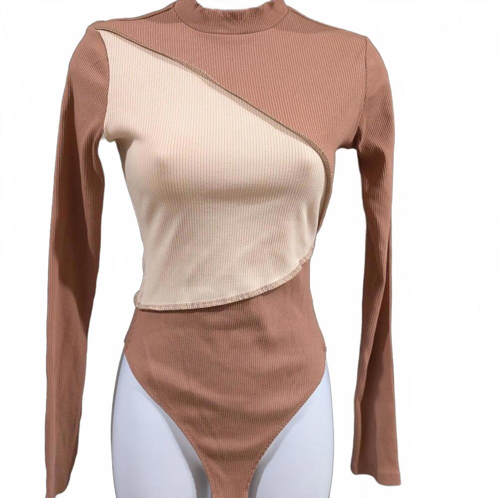 Naked Wardrobe Asymmetrical Colorblock Ribbed Bodysuit